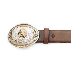 Product Details: Brown strap western belt Mexico with golden eagle design, classic western engraving, and partial beaded edge buckle Brown Belt width: 1 1/2" Buckle finish: Antique gold and silver Includes snaps that allow you to change out the buckle Note: Western belts tend to run small, please consider when ordering