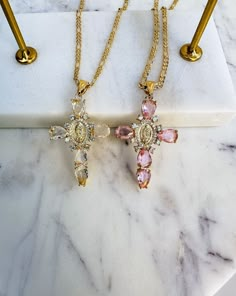 "18k gold plated 20\" chain Cubic zirconia diamonds" Rose Gold Cubic Zirconia Cross Pendant, Fine Jewelry Cubic Zirconia Cross Pendant, Fine Jewelry Crucifix With Diamond Accents, Crystal Clavicle Chain With Cross Shape, Crystal Cross Clavicle Chain Jewelry, Crystal Cross Clavicle Chain, Crystal Cross Jewelry With Adjustable Chain, Pink Gold-plated Jewelry With Adjustable Chain, Pink Gold Plated Jewelry With Adjustable Chain