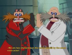 two cartoon characters standing next to each other with caption that reads, we are two characters in the series by the same voice actor