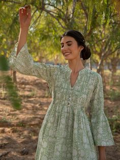 Greener days tunic dress - Trendroots Bell Sleeves Kurti, Cotton Tunic Dress, Tunics Online, Designer Kurti Patterns, Tunic Designs, Printed Short Dresses, Fancy Dresses Long, Printed Cotton Dress, Indian Fashion Designers