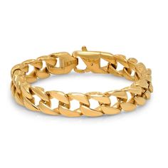 Men's 18 k gold plated stainless steel link bracelet Yellow Gold Stainless Steel Bangle Jewelry, Stainless Steel Gold Jubilee Chain Link Bracelet, Gold Stainless Steel Jubilee Chain Link Bracelet, Gold-tone Stainless Steel Bracelet, Metal Curb Chain Link Jewelry, Tarnish Resistant Stainless Steel Bangle, Formal Gold Stainless Steel Bracelet With Solid Links, Gold Stainless Steel Chain Bracelet, Gold Stainless Steel Bangle Bracelet