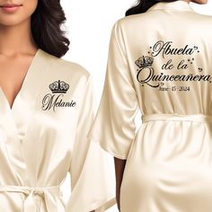 Front and back personalized satin robe at knee length. Abuela de la quinceanera getting ready robes with black glitter. Custom Robes, Personalized Robe, Quinceanera Party, Womens Robes, Cream Beige, Champagne Gold, Toddler Sizes, Text Color, Quince