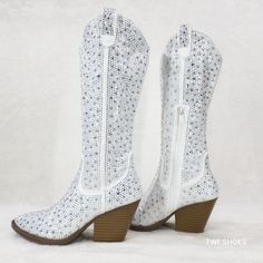 Stunning Country Western Knee Boots By Yours Forever Super Sparkle Rhinestone Boots Western Cut 3" (Approx.) Heels Half Side Zipper For Easy Usage Top Finger Pulls To Help Slip Them On. Top Opening Approx. 14" On Size 7 And Will Go Up As Sizes Do. Definite Head Turners Brand New In Box Summer Boots With Rhinestones And Round Toe, White Embellished Spring Boots, White Rhinestone Boots With Round Toe, White Rhinestone Boots For Spring, White Synthetic Boots For Party, White Synthetic Party Boots, Spring Boots With Glitter Accents And Round Toe, White Embellished Boots With Round Toe, Glamorous White Boots For Spring