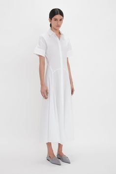 Panelled Shirt Dress In White Tailoring Details, Size 12 Uk, Gathered Dress, Tailored Design, Princess Seam, Cotton Poplin, Victoria Beckham, Design Details, The House