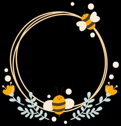 two bees flying in the air around a circular frame with leaves and flowers on it