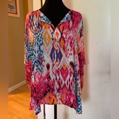 100% Polyester Fabric, Bright Multi Color Fabric, Short Crop Sleeve, Split Neckline, Flat Measurements: P To P 32’ Length 26’ Casual Multicolor V-neck Tunic, Pink Printed V-neck Blouse, Colorful V-neck Blouse For Vacation, Colorful V-neck Blouse For Beach, Multicolor Print Long Sleeve Tops For Vacation, Vibrant Print V-neck Tunic, Relaxed Fit Long Sleeve Top For Beach Cover-up, Chic Multicolor Blouse For Beach, Chic Multicolor Beach Blouse