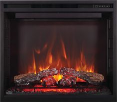 an electric fireplace with logs and flames