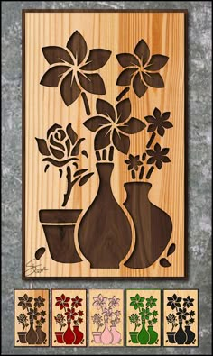 flowers in vases are cut out of wood and ready to be put on the wall