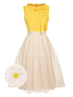 [Pre-Sale] Yellow 1950s Daisy Bowtie Patchwork Dress – Retro Stage - Chic Vintage Dresses and Accessories 1950s Clothes, Retro Stage, Vestidos Retro, 1950s Dresses, Theme Dress, Vintage 1950s Dresses, Standard Dress, Dress Retro, 1960's Dress