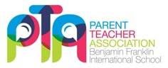 the parent teacher association logo with colorful letters and colors on it, in front of a white background