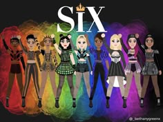 six different colored girls standing in front of a black background with the word six above them