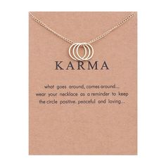 Charm necklace with a message | Meaningful gift for her | Charm necklace with a card | Wish Jewellery | Card filler | Karma  Gift someone special to you a meaningful charm necklace including a lovely thoughtful message to comfort your loved one. whether your buying this dainty charm necklace for yourself or gifting it to a loved one let it be a reminder of... Message: What goes around. comes around... wear your necklace as a reminder to keep the circle positive, peaceful and loving... Necklace With Meaning, Mrs Necklace, Meaningful Gifts For Her, Necklaces With Meaning, Dogeared Jewelry, Karma Necklace, Diamond Solitaire Necklace, Circle Pendant Necklace, With Meaning