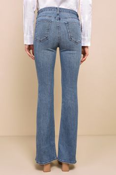 Walk away from the negative vibes with a pep in your step in the Just Black Break Away Medium Wash High-Rise Flare Jeans! Medium-weight stretch denim constructs these trendy medium-wash jeans with a high-rise silhouette, belt loops, and a classic five-pocket cut. A branded top button and hidden zip fly tops a figure-flaunting pant leg that extends into a perfectly flared hem. Fit: This garment fits true to size. Length: Floor length. Size 28 Inseam: 33.00 Front Rise: 10.75 Waist: Fitted - very f Versatile Mid-rise Flare Jeans In Medium Wash, Everyday Stretch Denim Flare Jeans, Versatile Mid-rise Denim Blue Flare Jeans, Mid-rise Denim Blue Flare Jeans Versatile, Casual Mid-rise Flare Jeans With Elastane, Casual Mid-rise Flare Jeans In Elastane, Spring Denim Blue Elastane Jeans, Spring Elastane Denim Blue Jeans, Spring Blue Elastane Jeans