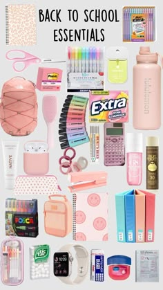 the back to school essentials are organized in pink