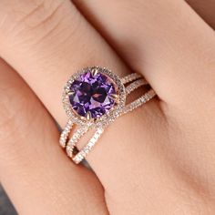 Amethyst Engagement Ring Set Rose Gold Bridal Sets Halo Half Eternity Infinity Pave Diamond Ring Birthstone Wedding Band Promise Gift Women ITEM INFORMATION: Metal Type- Solid 14K Rose Gold Ring Size Available- US3# -10# *Engagement Ring Details： WIDTH-( approx. 1.3mm) 1.Center Stone- Amethyst Weight- 2.7ct Size - 8mm Shaped - Round cut Color - Purple 2.Side Stones - Diamond Weight - 0.24 Clarity - VS- SI Color - G- H *Wedding Band Details: WIDTH-( approx. 2.6mm) Stone - Diamond Weight - 0.25ct Gold Amethyst Diamond Ring For Wedding, Gold Amethyst Ring With Center Stone For Wedding, Elegant Amethyst Rings For Wedding, Amethyst Halo Promise Ring, Purple Diamond Halo Ring, Purple Diamond Jewelry With Halo Design, Rose Gold Diamond Ring With Round Stone For Wedding, Gold Amethyst Ring With Brilliant Cut For Wedding, Gold Brilliant Cut Amethyst Ring For Wedding