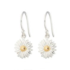 Bring a ray of sunshine to your look with these gorgeous sterling silver daisy hook earrings! Featuring intricate detailing on both sides with sculpted silver petals and a golden 18ct gold plated centre the daisy flower charm has a stunning two-toned effect that hangs beautifully from its sterling silver shepherd hook earring. These wildflower earrings offer a modern alternative to a floral classic.All Lily Charmed jewellery comes presented in a beautiful gift box hand tied with ribbon. Material Everyday Daisy Earrings, Wildflower Earrings, A Ray Of Sunshine, Daisy Jewelry, Daisy Charm, Ray Of Sunshine, Spring Jewelry, Flower Girl Gifts, Engraved Jewelry