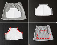 four pictures showing how to sew a skirt with red buttons on the front and back