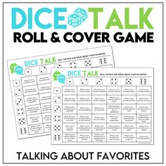 dice talk roll and cover game with the words dice talk written in green on it