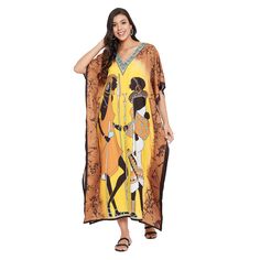 100% Polyester V- Neck Closure Closure Material: 100% Polyester Size: Fits Perfectly To Us Plus Size 1x To 3x Pattern: Lady Tribal Color: Brown & Yellow Length: 52 Inches Sleeve Style: 3/4 Sleeve Medel: Sg152-8370 Care Instruction: Hand Wash/Machine Wash Uses: Wedding Gown, African Dress, Caftans, Tunic, Bohemian Dress, Medieval Dress, Robes, Kaftans, Boho Dress, Poncho, Swim Cover-Up, Sleepwear, Maxi Dress, Nighty, Sundress, Loungewear, Loose Fits, Plus Size Clothing, Beach Resort Fashion Dress Yellow Maxi Beach Cover-up Dress, Yellow Casual Maxi Dress For Vacation, Yellow Flowy Dress For Beach Cover-up, Yellow Printed V-neck Maxi Dress, Yellow Casual Free Size Maxi Dress, Casual Yellow Free Size Maxi Dress, Yellow Casual Maxi Dress, Free Size, Yellow V-neck Beachwear Maxi Dress, Yellow Free Size Maxi Dress For Beach