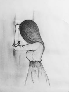 a pencil drawing of a woman holding onto a wall