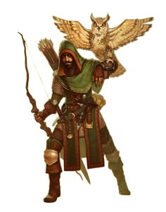 an owl is standing next to a man with a bow and arrow in his hand