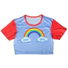 Playful Multicolor Color Block T-shirt, Retro Rainbow T-shirt For Summer, Playful Colorful Short Sleeve Top, Cute Summer Crop Top With Funny Print, Blue Crew Neck Cropped Shirt For Summer, Cute Multicolor Tops With Rainbow Print, Trendy Red Cropped T-shirt For Summer, 90s Inspired Multicolor Letter Print Tops, Trendy Color Block Tops