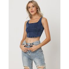 This slim-fit cami is made of comfortable and breathable denim fabric to allow you to relax your body freely. A square neck and crop design can show off your perfect slim figure, making the tank top a versatile piece to pair with anything. Special asymmetrical hem with high-low design to easily show out your slender waistline and your curve. This corset crop top can be worn alone or layered with other tops, making it perfect for pairing with cargo pants, sweatpants, jeans, shorts, casual pants, Crop Design, Denim Corset Top, Denim Corset, Corset Crop Top, Black Velvet Dress, Shorts Casual, Denim Midi Skirt, Hem Style, Womens Clothing Sizes