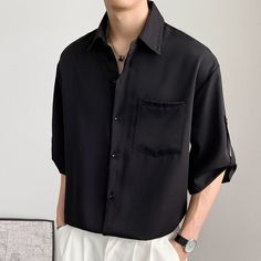 This Button Down Shirt Japanese Style Short Sleeve is perfect, just perfect. Made from a combination of cotton and polyester, the shirt is comfortable and breathable. The chic style and turn-down collar make it a fashionable choice. The solid pattern and three quarter sleeve length make it suitable for summer. This shirt is perfect for any occasion. Whether you're going out for a casual lunch or just running errands, this shirt will keep you looking stylish and feeling comfortable. It's a great Button Up Shirt Drawing Reference, Cozy Streetwear, Summer Cool, Streetwear Summer, Men Shirts, Airport Fashion, Airport Style, Solid Pattern, The Chic