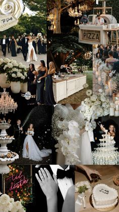 a collage of photos with people and wedding cake in the middle one has a pizza sign on it