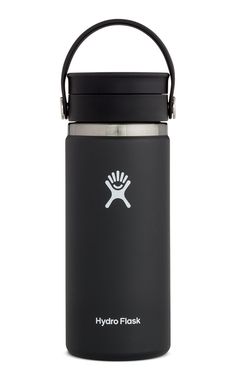 the hydro flask water bottle is black and has a white imprint on it's side