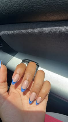 French Tip Back To School Nails, Blue French Tip Almond Acrylic Nails, Simple Design Acrylics, Blue Outlined French Tip Nails, Blue Two Tone Nails, Blue Nail French, Summer Nails Blue Tips, Double Blue French Tip Nails, Back To School Nail Inspo Almond