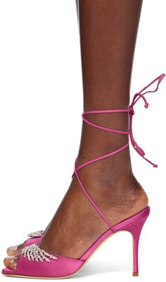 Handcrafted satin heeled sandals in pink. · Open toe · Crystal-cut hardware at vamp · Wraparound self-tie ankle strap · Logo flag at buffed leather footbed · Covered stiletto heel with rubber injection · Leather sole · Heel: H3.75 Supplier color: Pink 90s Sandals, Manolo Blahnik Pink, Manolo Blahnik Sandals, Mid Heel Sandals, Satin Heels, Mid Heel, Heeled Sandals, Manolo Blahnik, Stiletto Heel