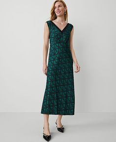 In a smart geo print, our bias maxi dress flatters in a softly flared silhouette. Front and back V-neck. Sleeveless. Pleated shoulder and waist. Hidden side zipper. Lined bodice.,Hit:Hits at ankle,Imported:Imported,Length:34" from natural waist,Fabrication:Shell: 98% Viscose 2% SpandexUpper Lining: 100% Polyester,Garment Care:Machine Washable Geo V-Neck Bias Dress by Ann Taylor Size regular - 8 Jewel Green Women's Fit, Flare, Regular, V-Neck, Sleeveless, Dresses, Shell 98%, Viscose, 2%, Spandex, Extra Dresses, Bias Dress, Ann Taylor Petite, Sleeveless Dresses, Skirt Jumpsuit, Geo Print, Size 16 Dresses, Petite Dresses, Effortless Style