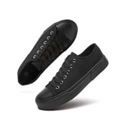 Low Top Black Canvas Shoes/Sneakers Black Non-slip Low-top Canvas Shoes, Black Lace-up Canvas Shoes With Cushioned Footbed, Black Low-top Slip-on Sneakers With Cushioned Footbed, Durable Black Low-top Sneakers, Black Fabric Low-top Sneakers, Black Canvas Shoes, Black Canvas, Canvas Shoes, Low Top