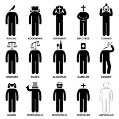 Man Characteristic Behaviour Mind Attitude Identity Stick Figure Pictogram Icon. A set of pictogram representing the characteristic, behaviour, mind, attitude, identity, and personalities of a person. addicted; alcoholic; attitude; bad; behaviour; biased; black; bookworm; buyer; character; chicken; compulsive; coward; crazy; defensive; devotee; emotion; equality; feeling; figure; gambler; gamer; icon; identity; interest; man; man icon; mental; mind; obsess; people; person; pictogram; psycho; sca Object Heads, Man Icon, Stick Figure, Find People, Stick Figures, Writing Inspiration, Art Reference Poses, Writing Tips, Mood Pics