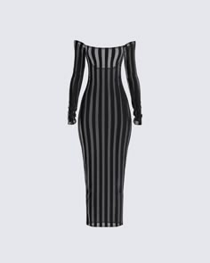 This dress is the epitome of sass, and style 🖤 With its velvety and sheer stripes, off-shoulder allure, sexy back slit, long sleeves, and a fit that hugs your curves... it is the perfect recipe for a timeless, and flattering fit 💋 Knit Dresses Summer, Long Black Dress Classy, Styling Long Dresses Casual, Pisces Dress To Impress, Dresses Going Out, Edgy Formal Dresses, Latina Goth Fashion, Night Out Looks Clubwear, Tattooed Women In Dresses