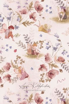 "Fairies" - a surface pattern design collection, hand illustrated with watercolor by Aga Kobylinska, featuring children characters, elves, garden flowers. Inspired by fairy tales about enchanted worlds of little winged fairies. Available on baby clothes, bedding sets, woman's bags & accessories at a polish baby brand Makaszka. Perfect for boho bedrooms, nursery, kids rooms. Beautiful, romantic textile design, decoration for dreamers, nature lovers.  Order a beautifully crafted custom design for your baby brand at agakobylinska.com   ... less Textile Design Pattern, Boho Bedrooms, Fairy Bed, Photoshop Watercolor, Watercolor Subjects, Paper Illustration, Kid Character, Bedroom Boho, Design Collection