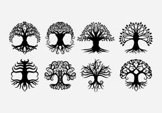 six different types of trees in black and white, each with its own unique design