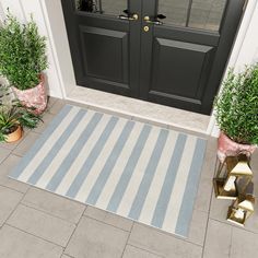 a blue and white door mat sitting on top of a floor next to potted plants