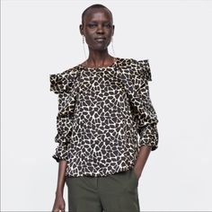 New Giraffe Print Silky Blouse With Statement Sleeve Chic Tiger Print Tops For Spring, Leopard Print Tops For Summer Workwear, Chic Leopard Print Tops For Spring, Summer Leopard Print Top For Work, Summer Leopard Print Tops For Workwear, Chic Leopard Print Tops For Work, Summer Workwear Leopard Print Tops, Leopard Print Summer Workwear Top, Leopard Print Ruffled Top For Summer