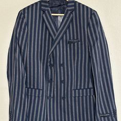 Nwt French Connection Stripe Linen Suit Jacket In Navy Size 42 Notch Lapels Two-Button Fastening Pocket Details Regular Fit Striped Fitted Double-breasted Suits, Business Double-breasted Striped Suit With Double Button, Striped Double-breasted Suit With Double Button Closure, Business Pinstripe Double-breasted Suit With Double Button Closure, Pinstripe Double-breasted Blazer With Notch Lapel, Linen Suit, French Connection, Striped Linen, Sport Coat