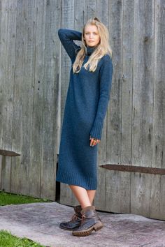 - Thick, long saddle raglan dress. - Ribbed hem. - Wide, ribbed turtleneck collar. - Long sleeves with wide ribbed cuffs and thumbholes. - Oversized fit. Garment is knitted from 100% pure new wool on manual knitting machine. Seams are sewn with sewing machine and hand crafted to give the best quality. Garment is washed and ironed - ready to wear. Sizing: Model is 180 cm/5'9 tall and wears size M. Ready garment sizes: Note: Since all of our garments are hand made and custom made for you, there co Long Wool Dress, Roll Neck Jumper Dress, High Neck Sweater Dress, Dress Casual Long, High Neck Midi Dress, Sweater Dress Casual, Turtleneck Dress, Turtle Neck Jumper, Roll Neck Jumpers