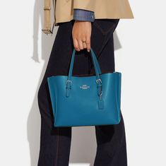 Double Face Leather Zip-Top Closure, Fabric Lining Side Open Compartments Handles With 4 3/4" Drop Detachable Strap With 22" Drop For Shoulder Or Crossbody Wear 9 3/4" (L) X 7 1/2" (H) X 4 3/4" (W) Style No. C4084 Blue Formal Bags For Spring, Blue Bags With Branded Hardware, Coach Market Tote, Coach Zip Top Tote, Coach Tote Bags, Coach Tote, Blue Purse, Large Leather Tote, Brown Tote