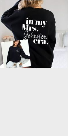 a woman wearing a black sweatshirt with the words in my mrs jonsten crab on it