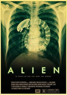 the movie poster for alien, which features an image of a human torso and ribs