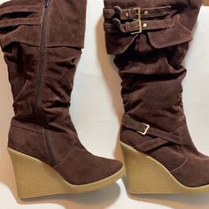 So Many Cute Details: Zipper, Buckles, And A Wedge Heel. These Were A Floor Model. Partial Tags On The Soles. Pet Free Smoke Free Home. All Sales Photographed. See Chart For Size. C2 Brown Suede Platform Wedge Boots, Brown Suede High Heel Wedge Boots, Brown Heel Boots, Mcbling Trashy Y2k, Knee High Wedge Boots, Brown Heeled Boots, Cute Website, Plush Carpet, Trashy Y2k