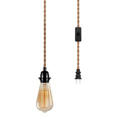 two light bulbs hanging from the side of a wall with cords attached to them and one bulb