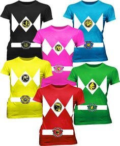 six different colored t - shirts with logos on them