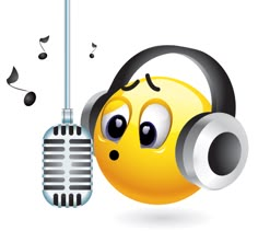 a smiley face wearing headphones and holding a microphone with music notes coming out of it