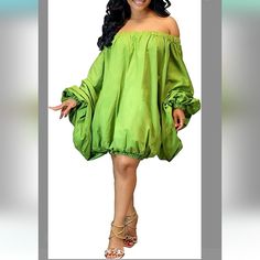 Women Plus Off Shoulder Short Dress Long Sleeve Loose Big Swing Billowy Mini Dress For Spring, Spring Billowy Mini Dress, Casual Off-shoulder Mini Dress For Dress Down Occasions, Billowy Mini Dress For Summer, Chic Billowy Mini Dress For Spring, Billowy Mini Dress For Party, Billowy Summer Mini Dress For Day Out, Green Off-shoulder Mini Dress For Beach, Green Off-shoulder Mini Dress For Day Out